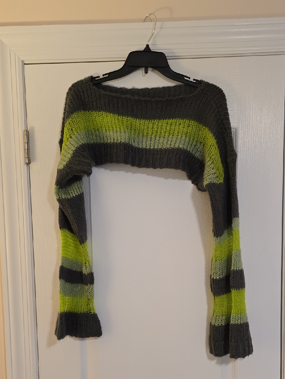 Off-the-Shoulder Striped Cropped Sweater - Charcoal & Lime